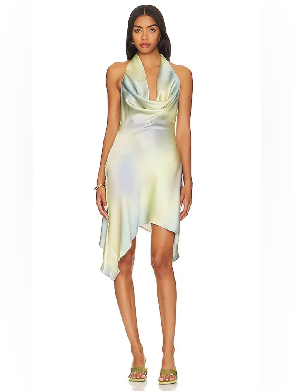 WeWoreWhat Iridescent Pale Green Satin Cowl Asymmetric Dress